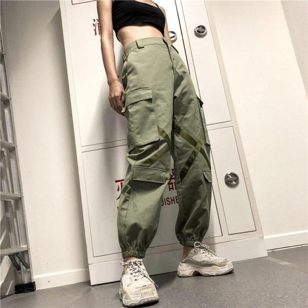 Big Pockets Hip Pop Streetwear Ribbon Cross Ladies Cargo Pants Women Casual Joggers High Waist Loose Female Buttons Trousers - Hplify