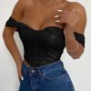 Cryptographic PU leather Sexy Bustier Corset Top Off Shoulder Chiffon White Strapless Female Top Cropped Tops Women Clothes - Hplify