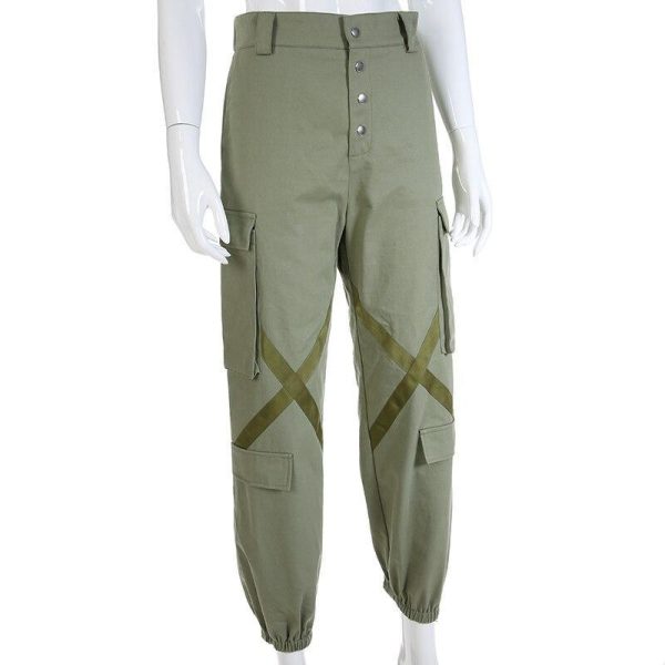 Big Pockets Hip Pop Streetwear Ribbon Cross Ladies Cargo Pants Women Casual Joggers High Waist Loose Female Buttons Trousers - Hplify