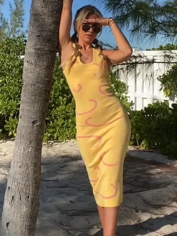 Alternative view of Yellow Knitted Summer Dress Sexy Vacation Outfits for Women Beach Hawaiian Halter Backless Long Sundress C88-DE35