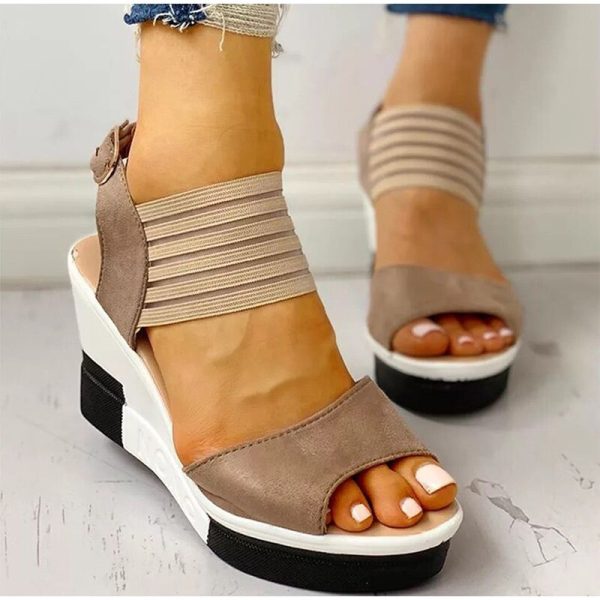 Women Sandals Wedges Platform Peep Toe Sandals Ladies Ankle Strap Buckle Strap Stretch Fabric Summer Shoes Female Fashion