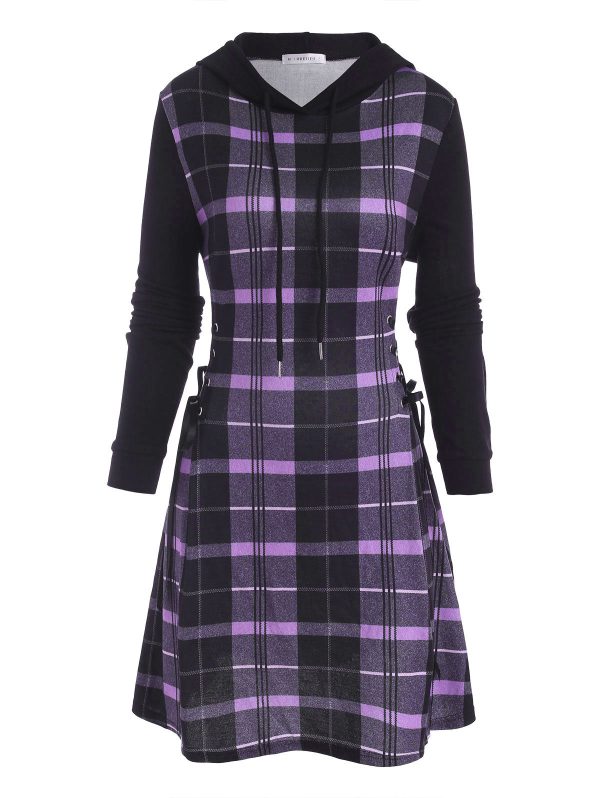 Hooded Plaid Lace Up Jersey Dress Casual A-Line Hooded Long Sleeves Women Dress