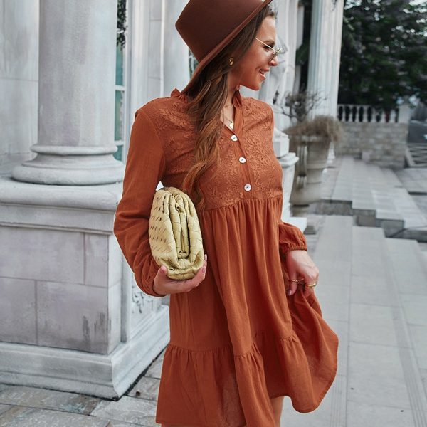 Alternative view of Temperament Loose Casual All Match Dress Spring V Neck Long Sleeve Lace Button A Line Dress Casual Style