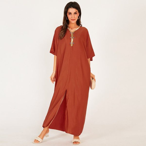 Summer Women Orange Long Dress Vintage Slit V-neck Webbing Half Sleeve Batwing Sleeve Loose Fashion Dress