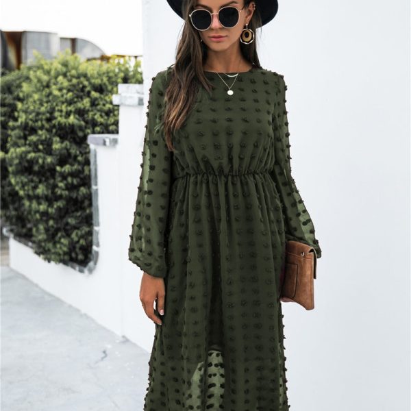Alternative view of Spring Autumn Long Sleeve Jacquard Hair Ball Dress For Women O Neck Waist Casual All Match Solid Color Long Dress