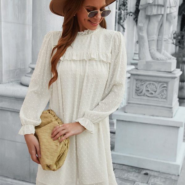 Alternative view of Solid Jacquard Short Dress Women Casual High Waist Butterfly Sleeve Spring Summer Fashion A Line Mini Dress