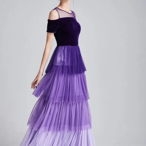 Alternative view of Women's Runway Dresses O Neck Short Sleeves Sexy Off Shoulder Tiered Ruffles Patchwork Fashion Casual Party Prom Long Dresses