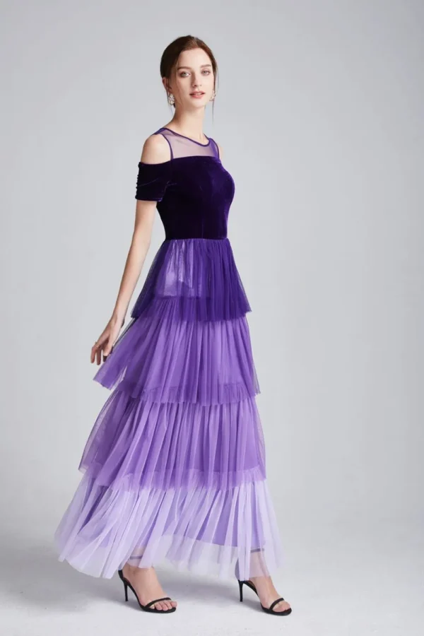 Alternative view of Women's Runway Dresses O Neck Short Sleeves Sexy Off Shoulder Tiered Ruffles Patchwork Fashion Casual Party Prom Long Dresses