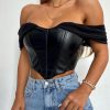Cryptographic PU leather Sexy Bustier Corset Top Off Shoulder Chiffon White Strapless Female Top Cropped Tops Women Clothes - Hplify