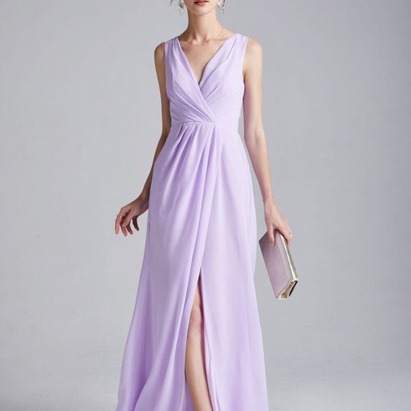 Women's Runway Dresses V Neck Sleeveless Sexy Split Ruched Lace Up Back Fashion Casual Long Prom Dresses