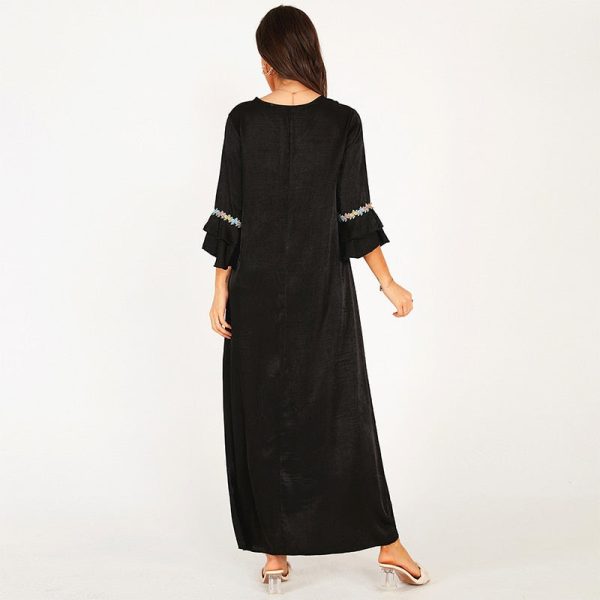 Alternative view of Summer Women Long Dress Black Vintage V-neck Hemmed Ruffle Half Sleeves Bohemia Loose Casual Fashion Solid Color Ankle Dresses