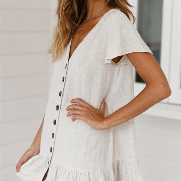 Alternative view of Spring Ruffles Mini Dress Women Casual Solid Color V Neck Elegant Full Sleeve Button Summer Dress