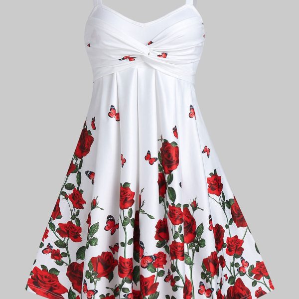 Rose Flower Print High Waist A Line Summer Sexy Dress Spaghetti Strap Women Mini Dress Night Club Party Dress Casual Home Dress