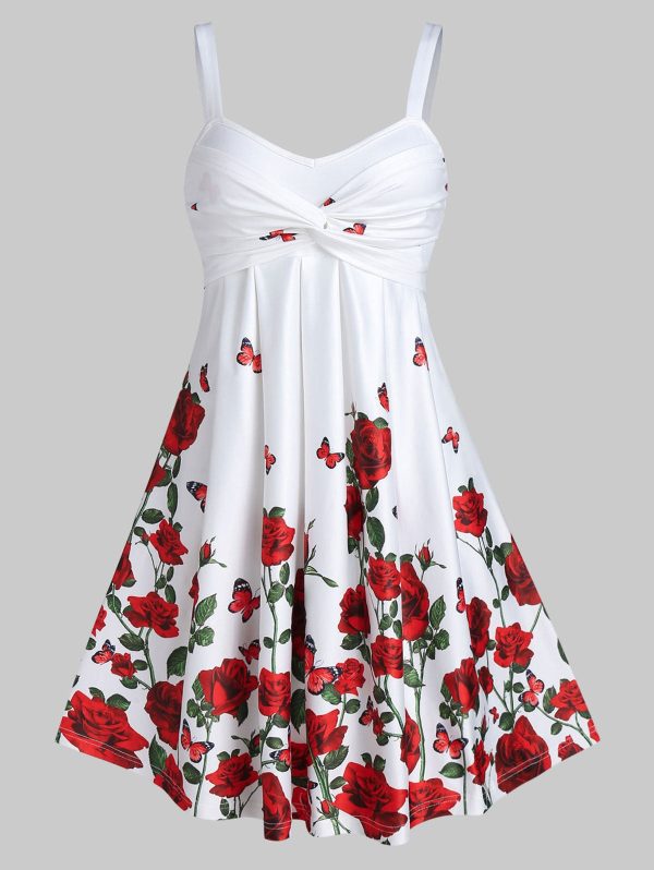 Rose Flower Print High Waist A Line Summer Sexy Dress Spaghetti Strap Women Mini Dress Night Club Party Dress Casual Home Dress