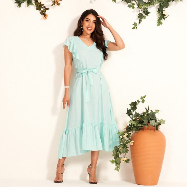 Summer New Women's Temperament V-neck Ruffled Slim-fit Belted Rayon Solid Color Short-sleeved Dress