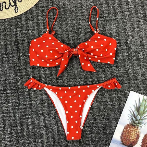 2021 Bikinis Mujer Sexy Ruffle Swimwear Women Tie Front Swimsuit Polka Dot Print Biquini Beach Wear Bathers Bathing Suit - Hplify