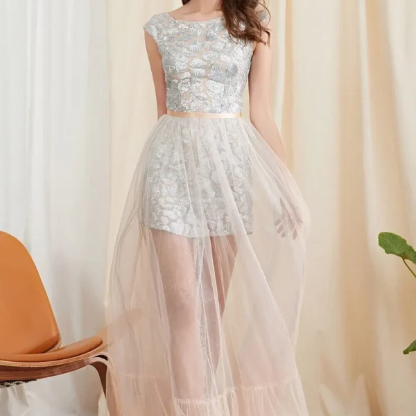 Women's Twinsets Prom Slash Neckline Short Sleeves Sequined Dresses with Ruffles Skirts Fashion Two Piece Party Dress Sets