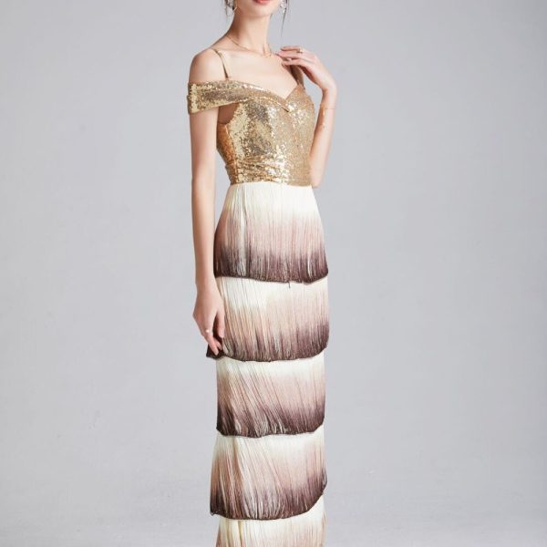 Alternative view of Women's Runway Dresses Sexy Spaghetti Straps Sequined Patchwork Tiered Tassels Fashion Long Party Prom Dresses