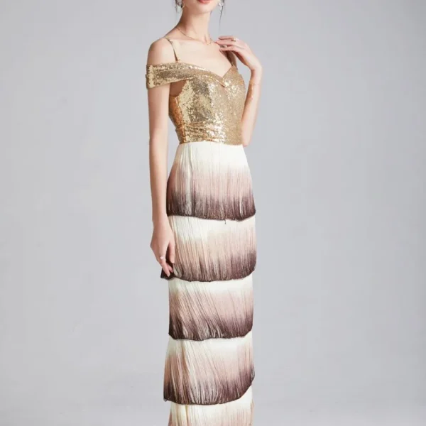 Alternative view of Women's Runway Dresses Sexy Spaghetti Straps Sequined Patchwork Tiered Tassels Fashion Long Party Prom Dresses