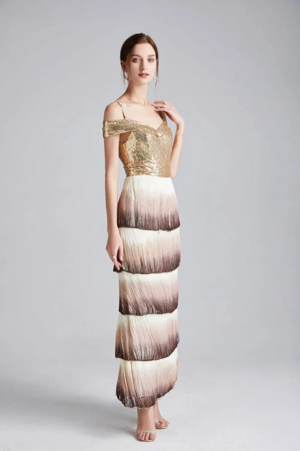 Alternative view of Women's Runway Dresses Sexy Spaghetti Straps Sequined Patchwork Tiered Tassels Fashion Long Party Prom Dresses