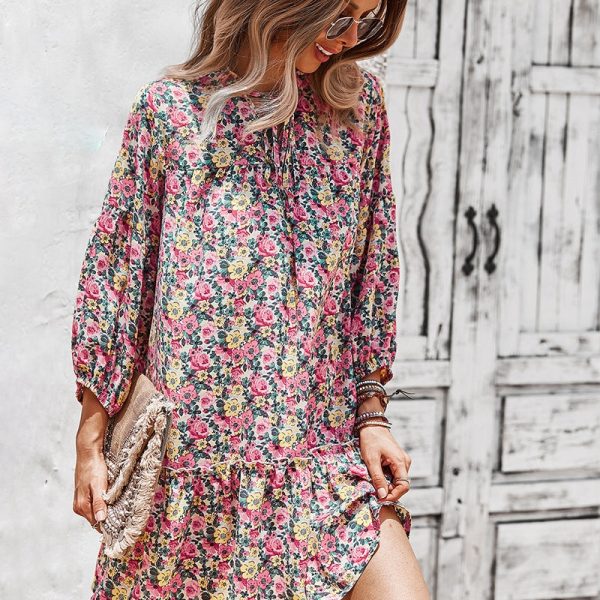 Autumn Winter Floral Short Dress Women Casual Lace Up V Neck Wrist Sleeve Print Dresses Holiday Style