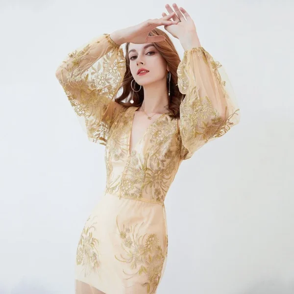 Alternative view of Women's Party Prom Sexy V Neck Long Lantern Sleeves Embroidery Elegant Long Maxi Designer Dresses Vestidos