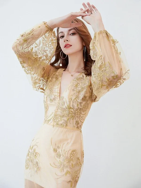 Alternative view of Women's Party Prom Sexy V Neck Long Lantern Sleeves Embroidery Elegant Long Maxi Designer Dresses Vestidos