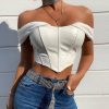 Cryptographic PU leather Sexy Bustier Corset Top Off Shoulder Chiffon White Strapless Female Top Cropped Tops Women Clothes - Hplify