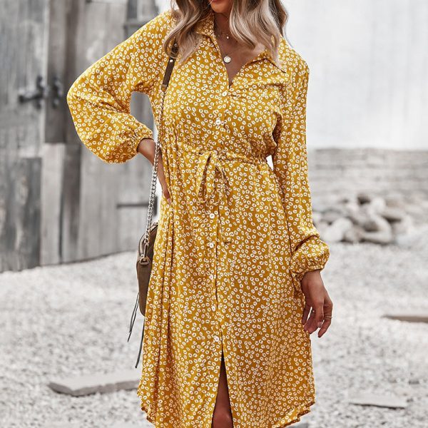 Autumn Winter Bandage Print Dress Women Casual Full Sleeve Button Floral Midi Dresses Female Holiday Style