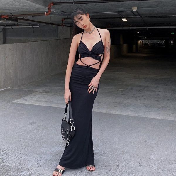 Alternative view of Sexy Open Back Criss Cross Halter Maxi Dresses for Women Summer  Stylish Black Bodycon Dress Party Club C95-CF28