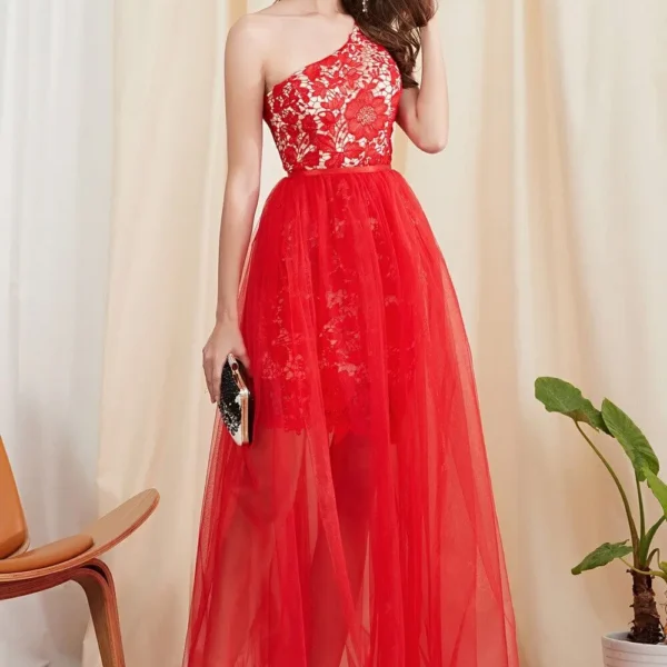 Women's Twinsets Prom Dress One Shoulder Embroidery Lace Dresses with Long Skirts Two Piece Dress Sets Party Dresses