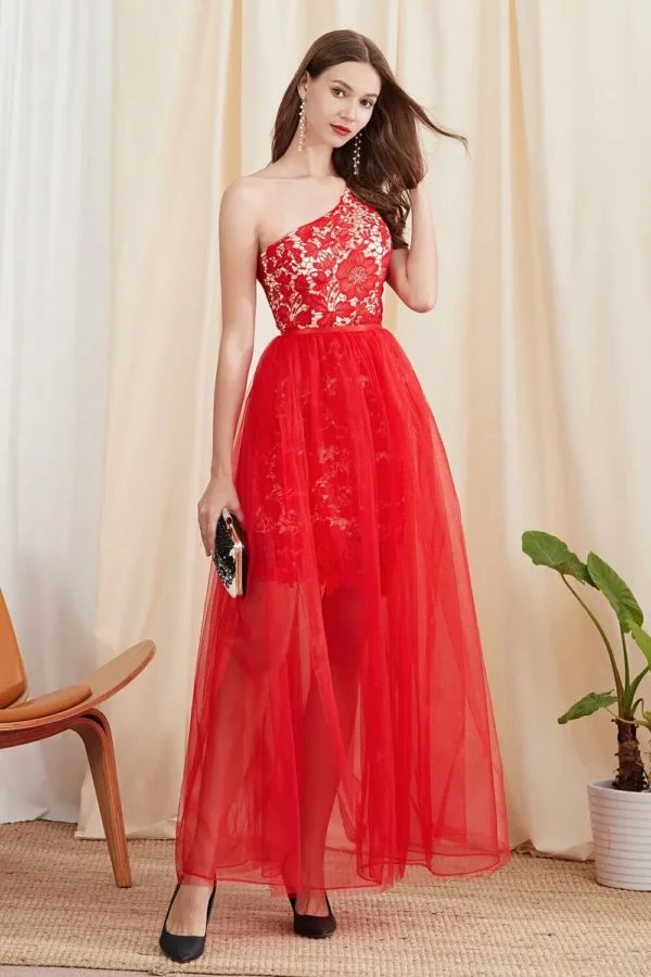 Women's Twinsets Prom Dress One Shoulder Embroidery Lace Dresses with Long Skirts Two Piece Dress Sets Party Dresses