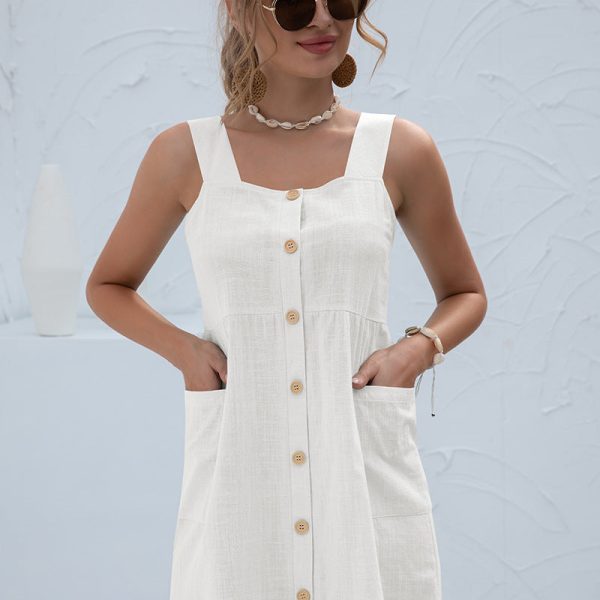Alternative view of Summer Sleeveless Short Tank Dress Women Square Collar Pockets Button Vintage Mini Ladies Solid Sweet Sling Dresses