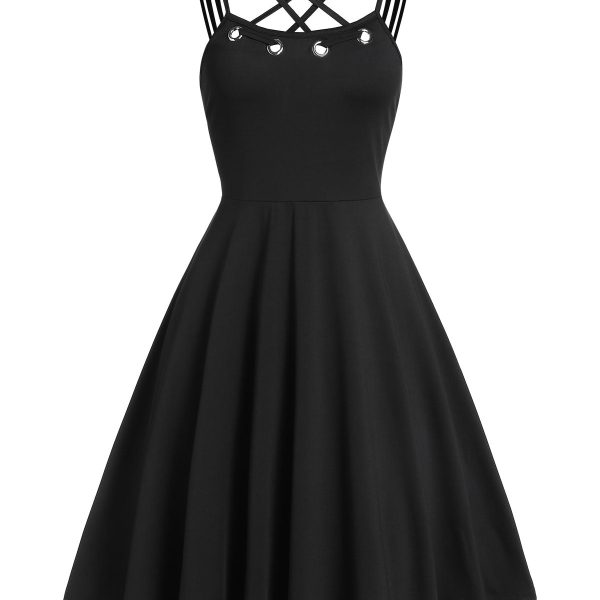 Plus Size Crossbanding Collar Solid A-Line Dress Casual Black Women Dress Sleeveless Vintage Sexy Party Dress Vestidos