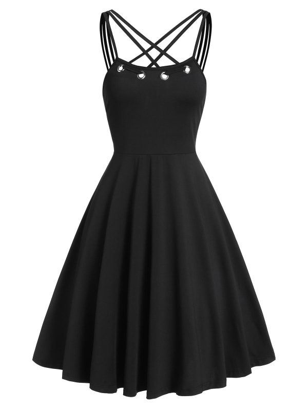 Plus Size Crossbanding Collar Solid A-Line Dress Casual Black Women Dress Sleeveless Vintage Sexy Party Dress Vestidos