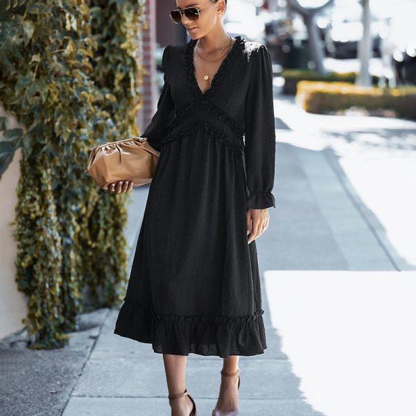 Spring Temperament Long Dress Women Casual Full Sleeve Ruffles V Neck Solid Dresses For Ladies High Waist Party Dress