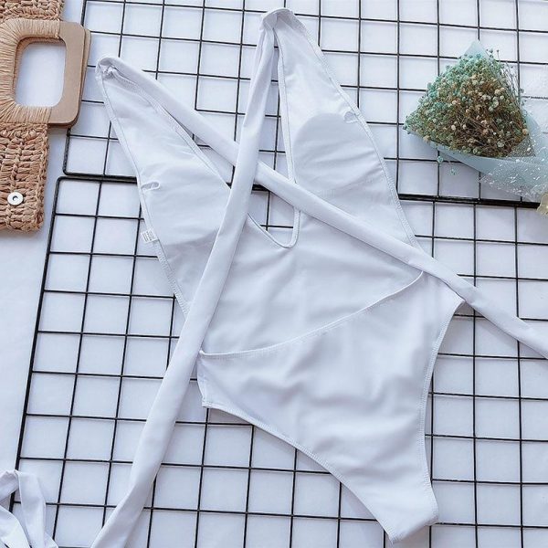 2021 Sexy Plunging Swimsuit One Piece High Cut Swimwear Women Cross Bandage Beachwear Summer Backless Bathing Suit Women - Hplify