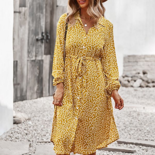 Alternative view of Autumn Winter Bandage Print Dress Women Casual Full Sleeve Button Floral Midi Dresses Female Holiday Style