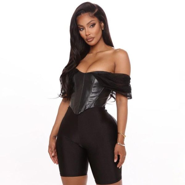 Cryptographic PU leather Sexy Bustier Corset Top Off Shoulder Chiffon White Strapless Female Top Cropped Tops Women Clothes - Hplify