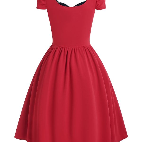 Alternative view of Vintage Women Dress Star Gingham Ruched Lace Up Sweetheart Neck Dress Short Sleeves Midi A-Line Party Dress Elegant