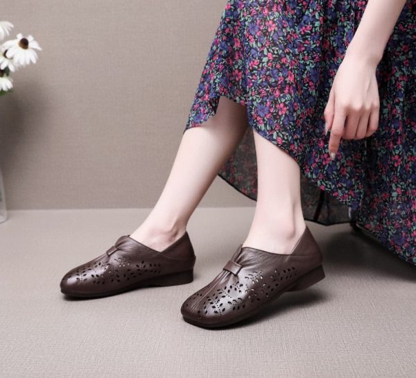 Hollow Genuine Leather Shoes Cover Heel Ballet Flats Ladies Breathable Shoes