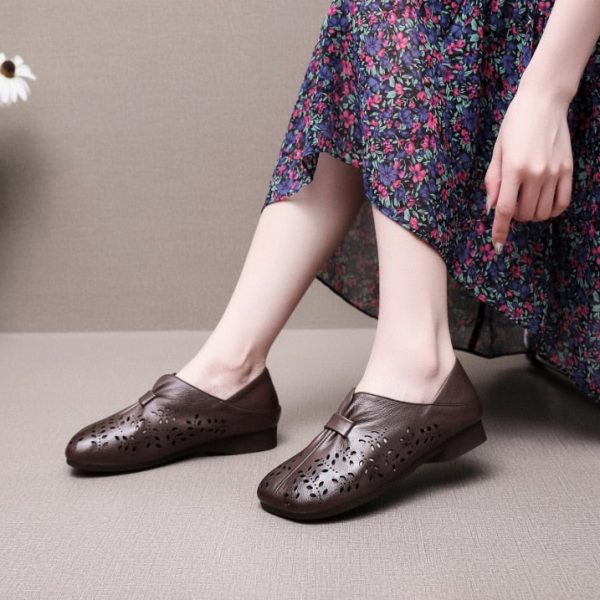 Hollow Genuine Leather Shoes Cover Heel Ballet Flats Ladies Breathable Shoes