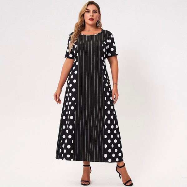 Large Size Loose Casual Round Neck Short Sleeve Stitching Polka Dot Stripe A-line Black Long Dres