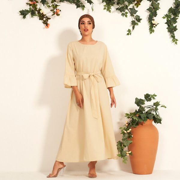 Summer Ladies Cotton and Linen Wild Pure Color Belts Are Thin, Simple and Fashionable Arab Long Womens Dress (without Headscarf）