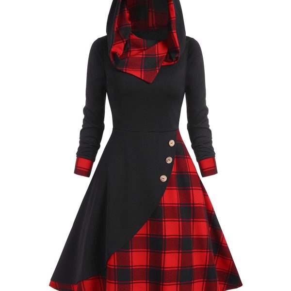 Alternative view of Vintage Dress Women Hooded Plaid Mock Button Overlap Midi Dress Gothic Punk Long Sleeve Casual Sexy Party Dress Harajuku