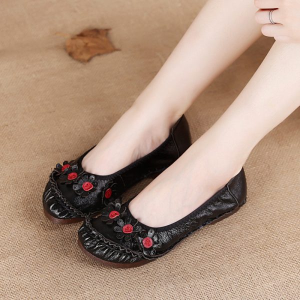 Women Retro Flowers Soft Leather Loafers Genuine Leather Flats Shoes