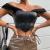 Cryptographic PU leather Sexy Bustier Corset Top Off Shoulder Chiffon White Strapless Female Top Cropped Tops Women Clothes - Hplify
