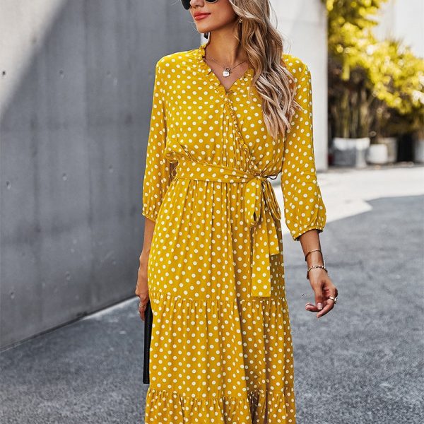 Alternative view of Autumn Winter Dot Bandage Dress Women Casual Ruffles V Neck High Waist Slim Print Long Dress Fashion