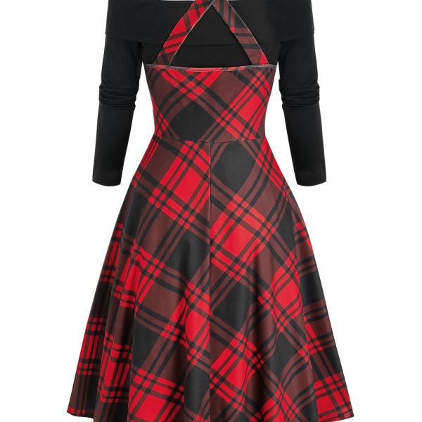 Alternative view of Vintage Off The Shoulder Tee and Lace Up Plaid Crisscross Suspender Dress Set Buckle Plaid Dress Women Party Femme Dress