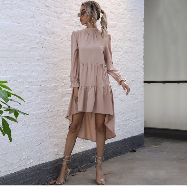 Alternative view of Summer Solid High-Low Dress Women Casual Flare Sleeve Half High Collar Ladies Shirring Asymmetrical Dress